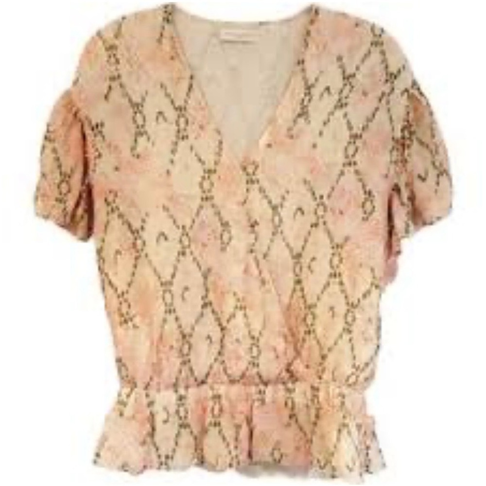 Ramy Brook Pink Green Ikat Print Surplice Smocked Waist Ruffle Sleeve Top XS